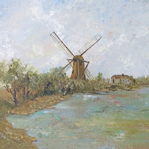 Windmill painting original Holland landscape with trees and river Farm etude artwork neutral colours for home warming decor