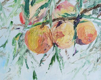 Peach painting original Growing orange fruit heavy textured impasto oil painting One of a kind colorful still life small painting