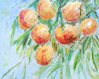 Persikamålning original fyrkantig kraftig texturerad impasto oljemålning skapad med palettkniv smaskig frukt på träd impasto oljemålning