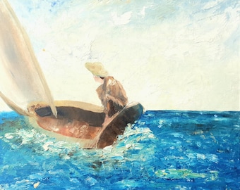 Original Textured Oil Painting: Sailor in Sailboat Seascape – Impasto Palette Knife Art