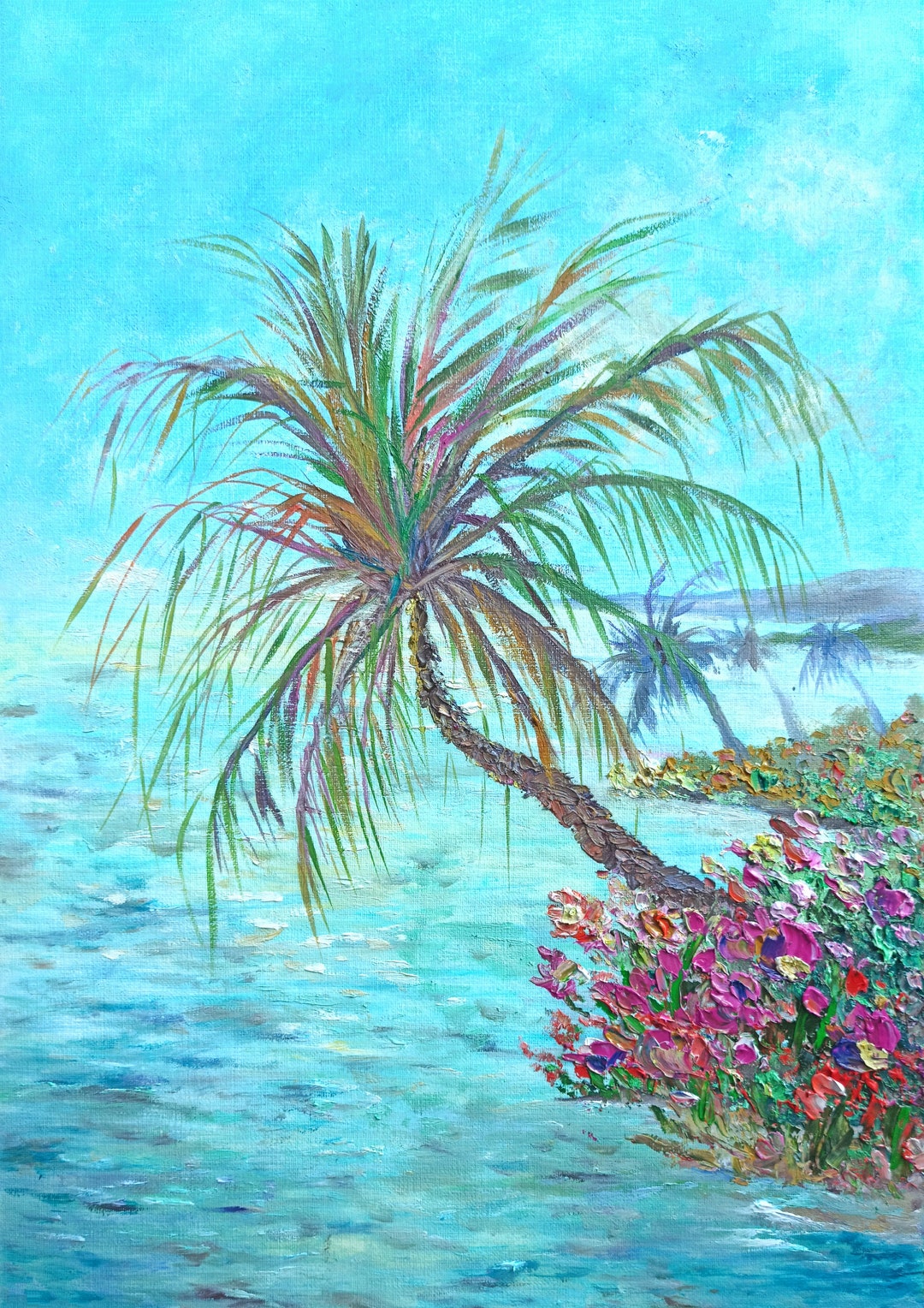 Hawaii Painting Original Palm Trees Sunset Impasto Artwork Colorful ...