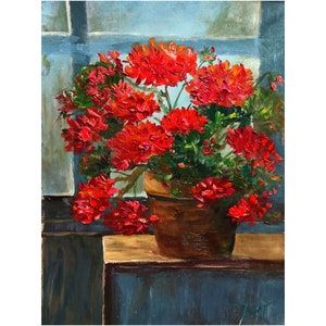 Pintura de geranio original, obra de arte floral de pelargonio rojo, pintura al óleo impasto creada con espátula para decoración de hogar