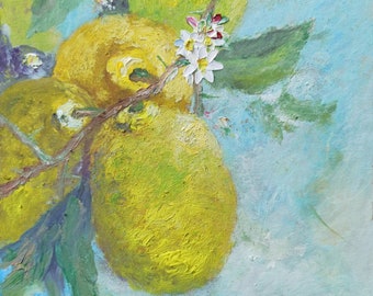 Lemon painting original Handmade lemon pair artwork Still life couple fruit floral painting with blooming lemon flower