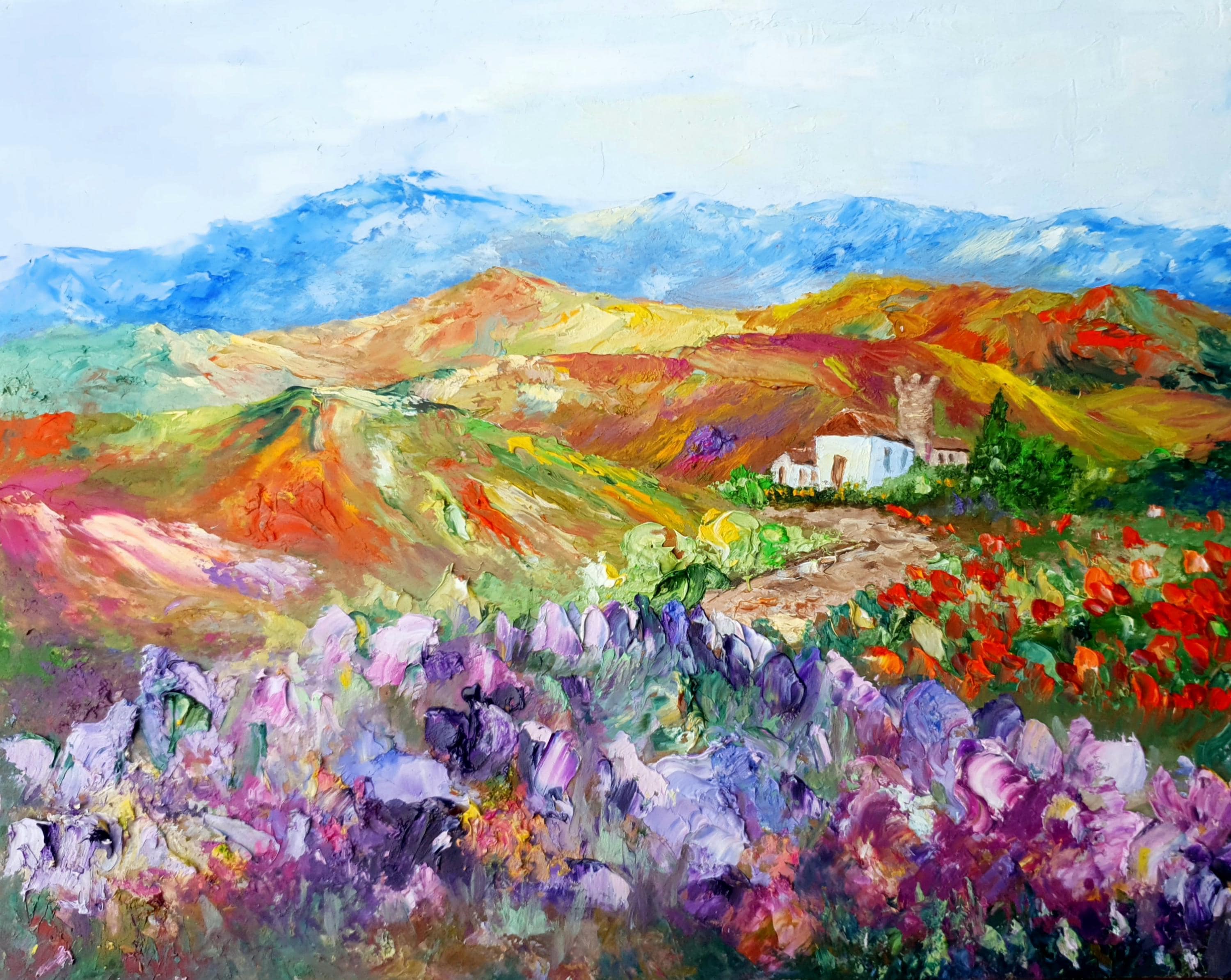 Tuscany Poppy Painting Original Flower Impasto Small Painting Mountain ...