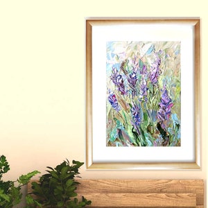 Pintura de lavanda, colores neutros, pintura al óleo, pintura pequeña original con hoja de oro, obra de arte con textura de empasto coleccionable