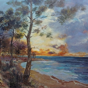 Pine trees coastal painting original Realistic seascape artwork Large detailed oil painting Sunset landscape wall art for home warming decor