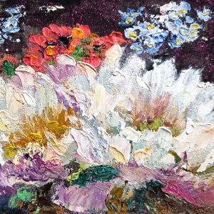 Pintura de peônia de árvore original Casal de flores buquê de arte Papoula, não me esqueça, decoração de parede de peônia rosa branca Pequeno presente de Natal