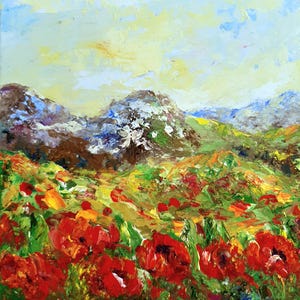 Californische klaproos schilderij origineel berglandschapsschilderij met bloeiende oranjerode en gele klaprozen, landschapsillustraties vierkant bloemen