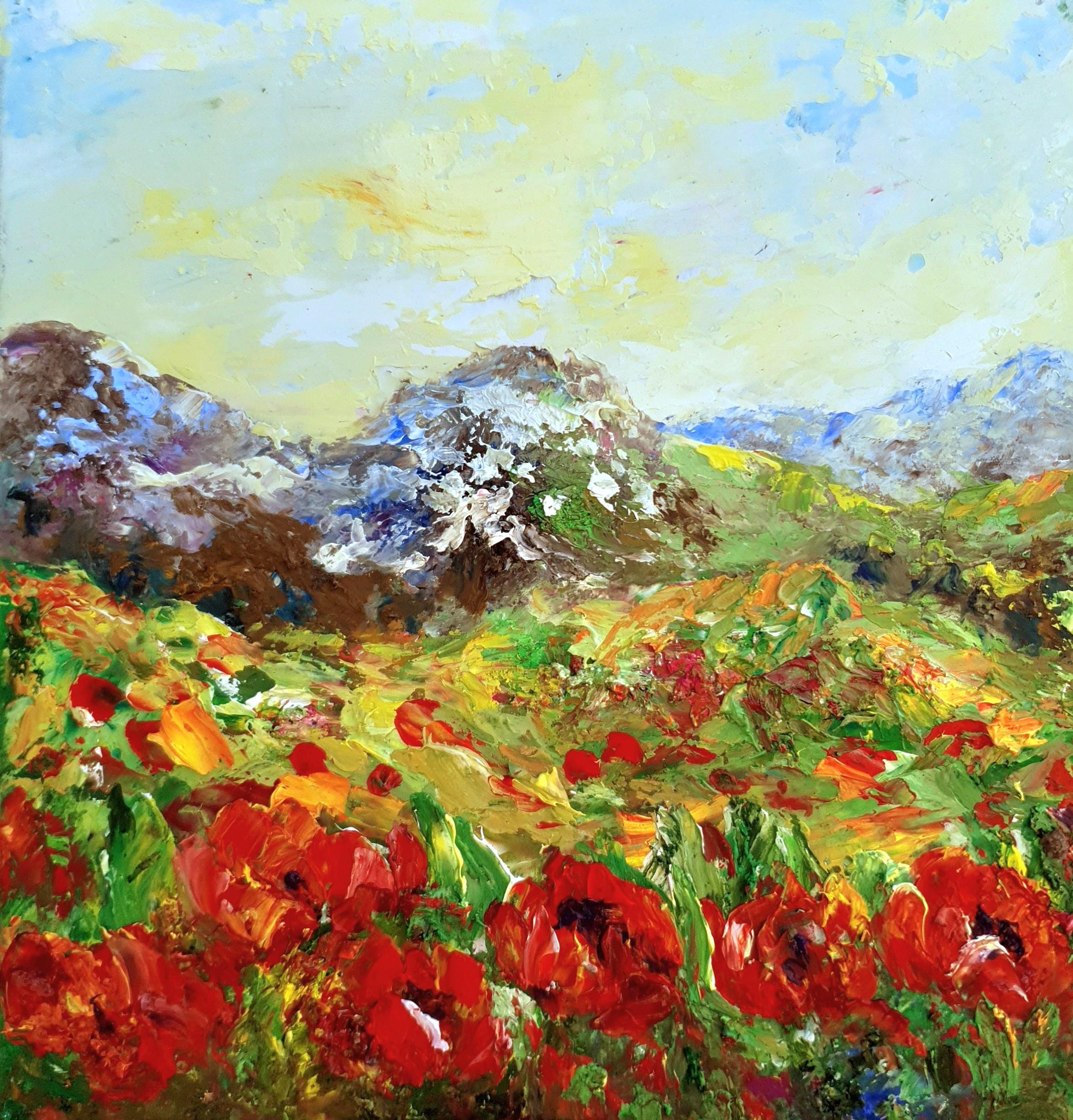 Californian poppy painting original Mountain landscape painting with blooming orange red and yellow poppies, Landscape artwork square floral