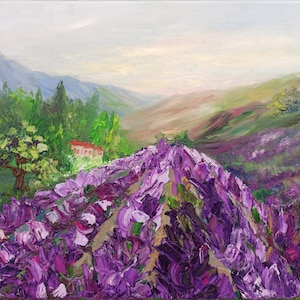 Lavender fields painting original Tuscany Italy landscape artwork heavy textured oil painting Very eye-catching colorful home warming accent