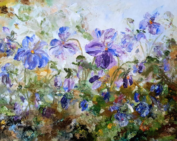 Alpen violet painting original Spring purple blue violet flower oul painting handmade for home warming decor Small gift for women