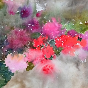 Geranium flower painting for home warming decor Pink red and purple flower wall art Large floral watercolor