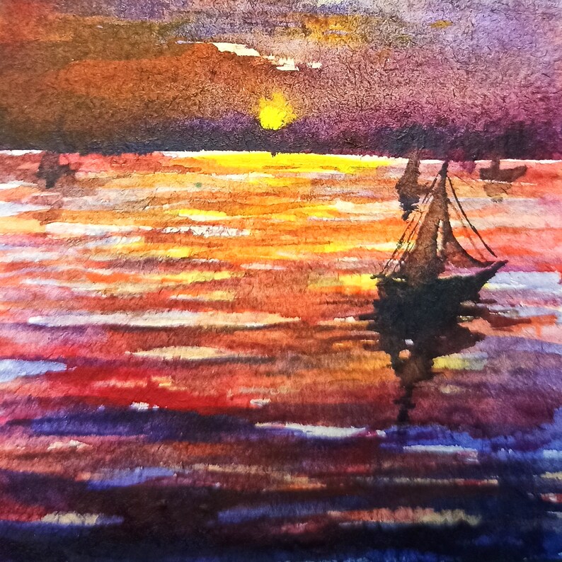 Sailboat seascape painting ACEO watercolor one of a kind original artwork Gift for him Blue seascape