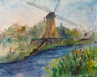 Windmill painting original watercolor Yellow flowers near river in Holland handmade painting