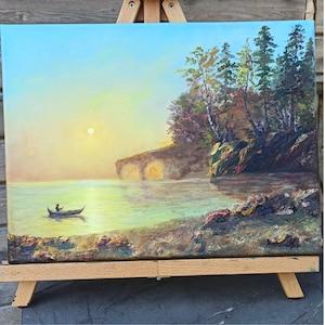Canoe painting original 12&quot; by 16&quot; stretched canvas oil painting Native sailboat wall art