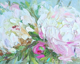 Peony painting original White peony neutral oil  painting Gift for her under 20 dollars Still life oil painting original