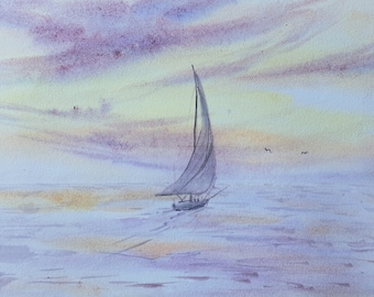 May include: A watercolour painting depicting a sailboat on a calm sea under a soft, pastel-coloured sky. The scene features shades of purple, yellow, and orange in the clouds and water, with a single sailboat centred and two small birds in flight.