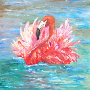 Pintura de flamenco original Pintura al óleo con textura de pájaro rosa empastada Una pequeña pintura colorida única en su tipo