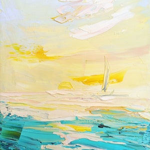 Pintura de veleiro original Impasto texturizado feito à mão arte de paisagem marinha Pequena pintura Presente para amantes do mar