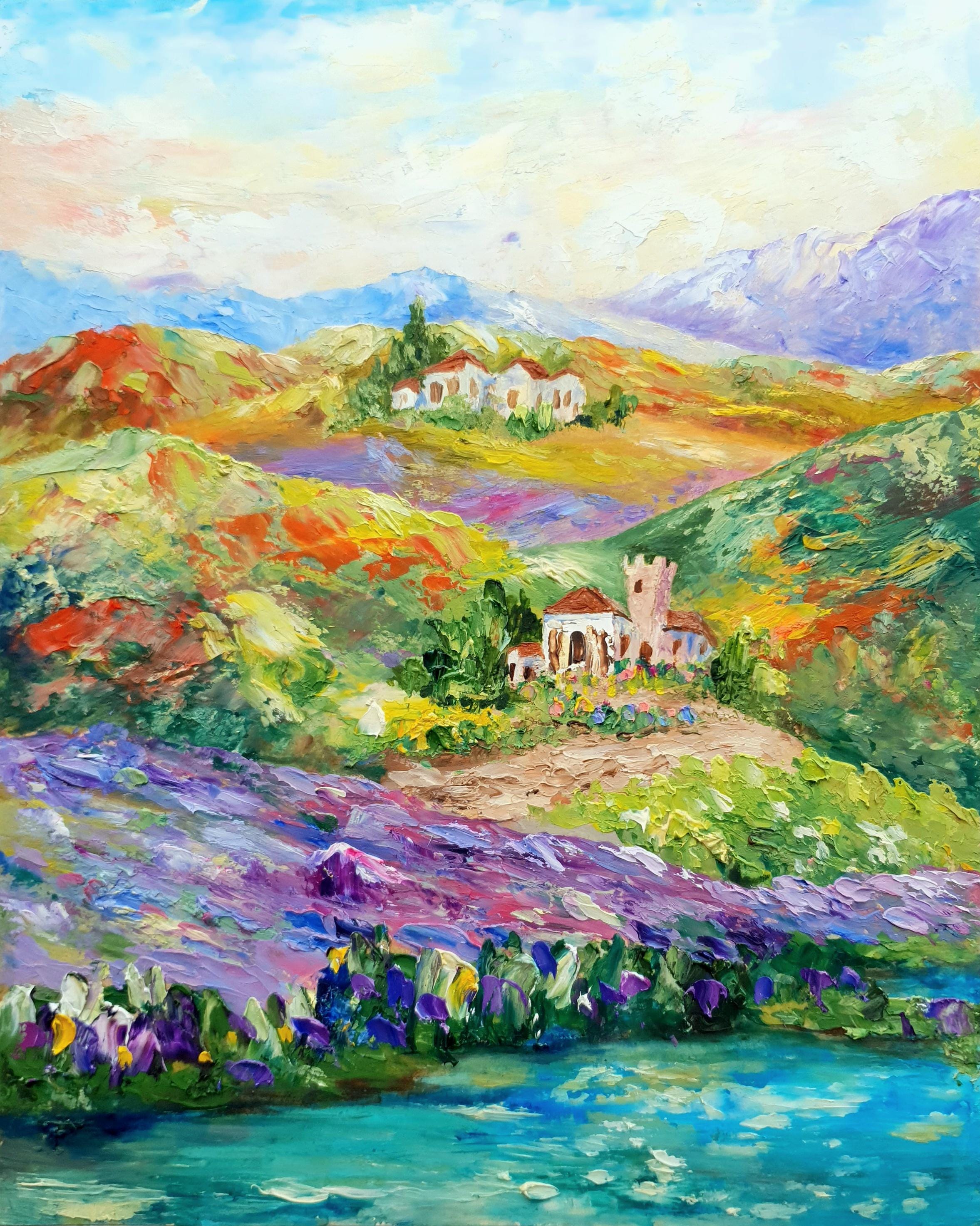 Tuscany Poppy Painting Original Flower Impasto Small Painting Mountain ...