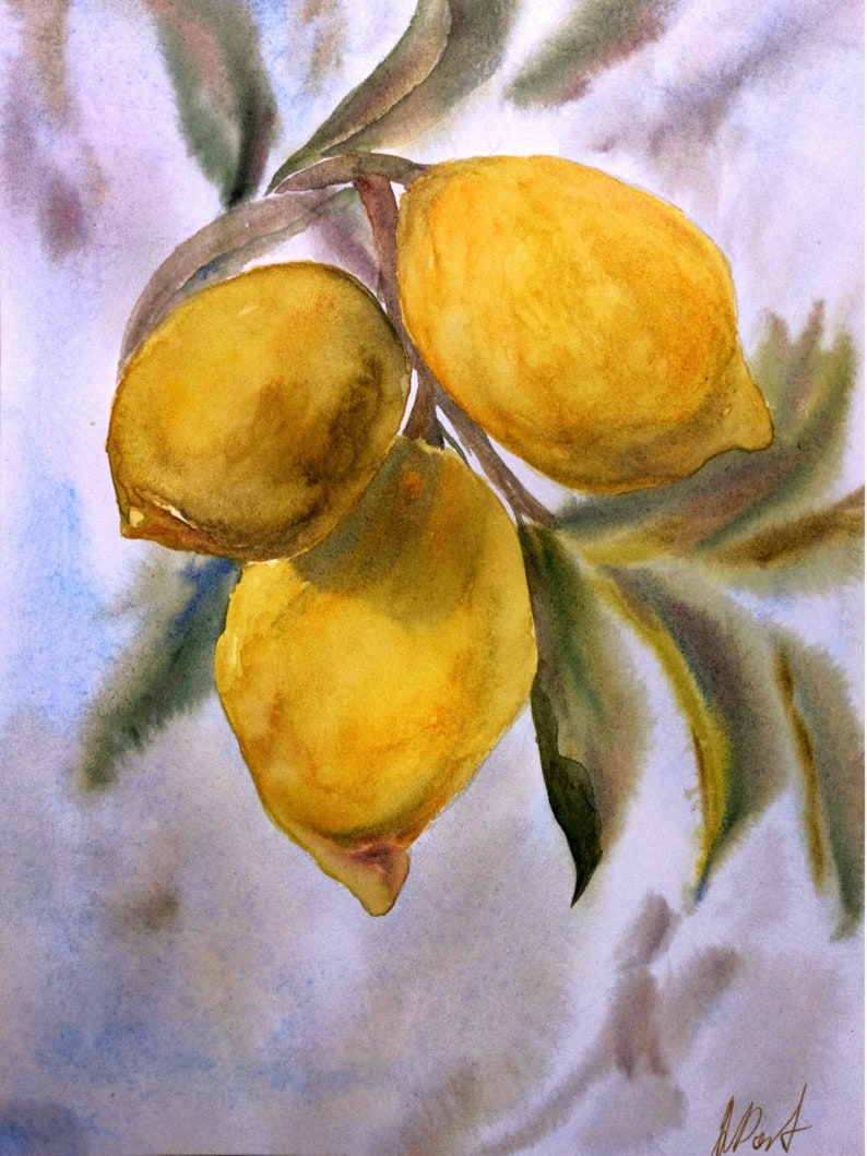 May include: Watercolor painting of three yellow lemons hanging from a branch with green leaves. The lemons are painted in a realistic style with subtle variations in color and texture.