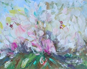 Pintura de peonía original Pintura al óleo neutra de peonía blanca Regalo para ella por menos de 20 dólares Pintura al óleo de naturaleza muerta original