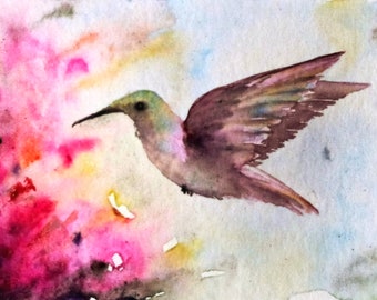 Hummingbird painting ACEO watercolor one of a kind original  bird portrait