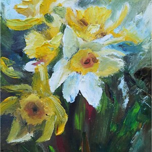 Daffodils and spring flowers painting original Apple blossom art Yellow white pink flowers impasto oil painting textured Bouquet painting