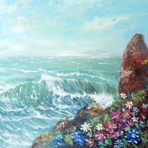 Pintura original de Carmel junto al mar, paisaje marino costero de California, arte mural floral floreciente junto al mar, flores texturizadas