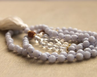 There is silence and beauty in you! - wonderfully calm Mala necklace, faceted chalcedony and rock crystal, Rudraksha, tassel made of pure silk