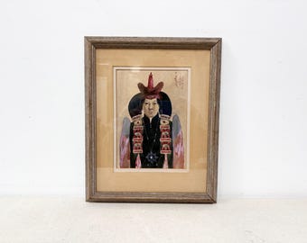 Vintage Watercolour Portrait, Framed Art, Mongolian Girl