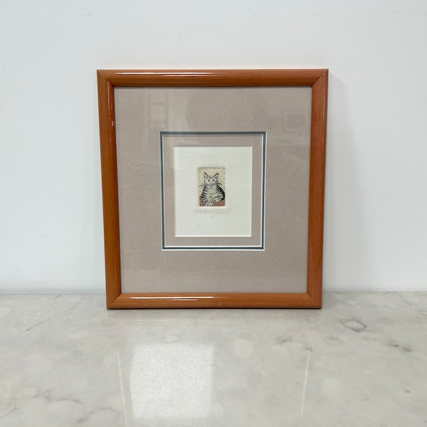 Vintage Framed Etching on Paper, Vintage Lithograph, Cat Picture, Framed Cat