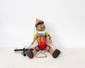 Vintage Pinocchio Hand Carved and Painted Wooden Marionette String Puppet Handmade, Marionette Puppet 1950s