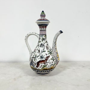 Vintage Hand Painted Portugal Pottery Lidded Pitcher Vase