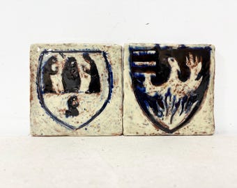 Vintage Tiles, Pair Of Danish Heraldic Tiles, Handmade Tiles