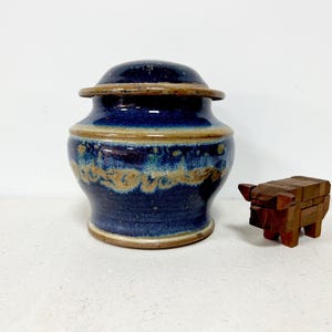 May include: A blue and brown ceramic jar with a lid. The jar has a decorative design of brown swirls on a blue background. The jar is sitting on a white surface.