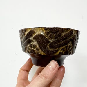 May include: A small, brown ceramic bowl with a detailed, raised pattern around the rim. The bowl has a dark brown base and a lighter brown and gold rim. The bowl is held in a hand.