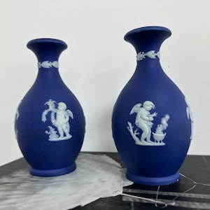 Vintage Wedgwood Cobalt Blue Jasperware Vases - Pair