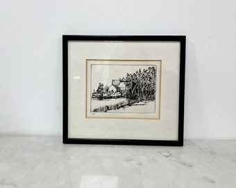 Vintage Framed Etching on Paper, Small Vintage Lithograph