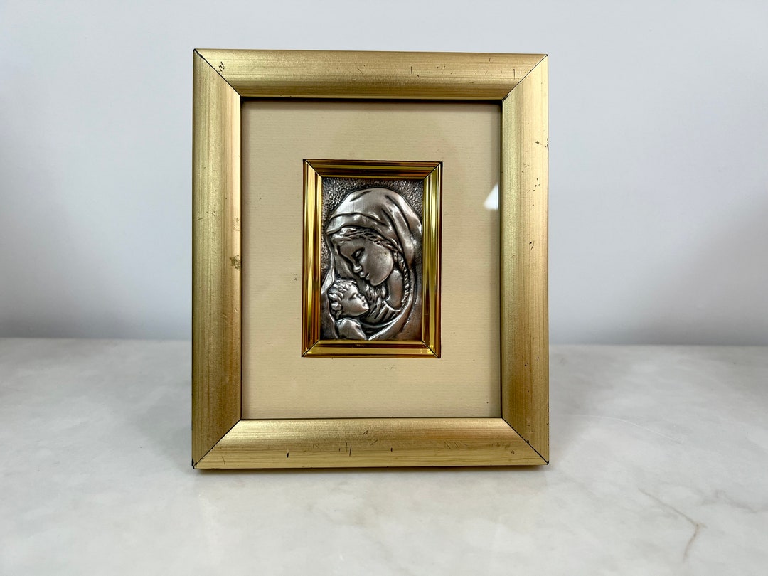 Vintage Framed Silver Madonna and Child Ba-relief, Gold Original Frame ...