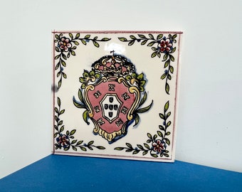 Vintage Hand-Painted Ceramic Wall Tile - Portugal Crest Decor