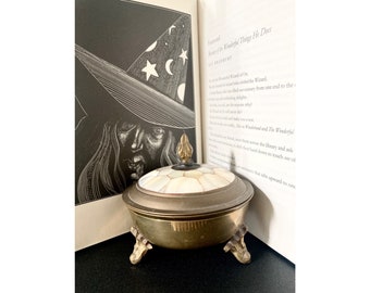 Vintage Brass Trinket Box: Mother of Pearl Inlay, Footed Jewellery Box