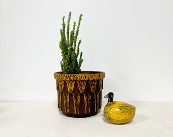 May include: A brown and yellow ceramic planter with a geometric design, filled with a green cactus plant. A yellow duck figurine with black eyes sits in front of the planter.