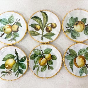 Op de afbeelding: Een set van zes ronde keramische borden met handgeschilderde illustraties van diverse vruchten, waaronder citroenen, perziken en pruimen met groene bladeren. Elk bord heeft een getextureerde, geschulpte gele rand en een witte achtergrond.