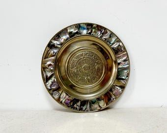 Vintage Mayan Calendar Plate: Alpaca Silver & Abalone Shell - Mexican Aztec Decor