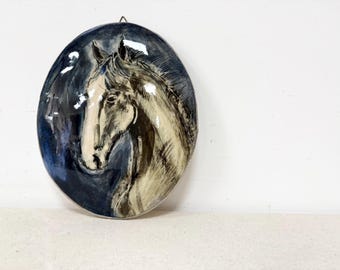Vintage Wall Plaque Horse, Hand-Painted White Horse Art Wall Decor