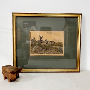 Vintage Framed Etching on Paper, Small Vintage Lithography The Windmill Wimbledon Common