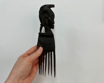 Vintage African Tribal Art Comb, Wooden Carved Comb, Dark Wood Comb
