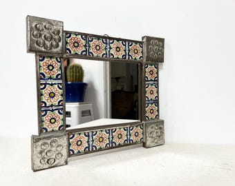 Mexican Punched Tin and Talavera Ttile Wall Mirro, Mexican Folk Art