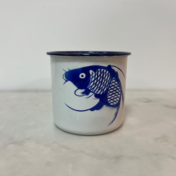 Vintage Small Metal Enamelware Mug Decore Blue Chinese Koi Carp Fish